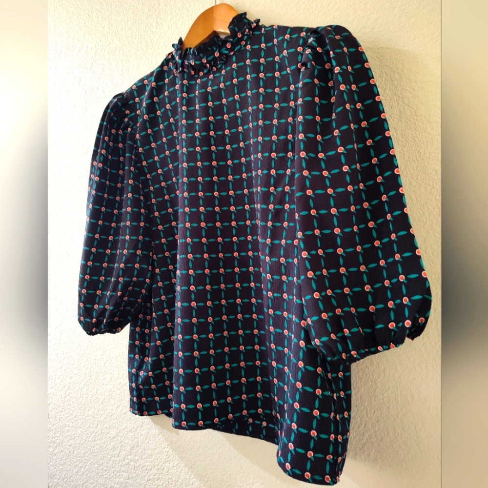 Vintage Claude Bennet 80s cutie mandarin print mandarin collar puff sleeve sz 12